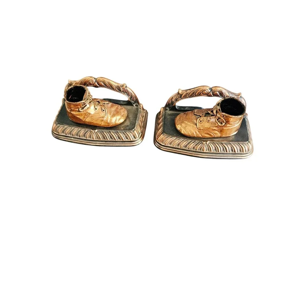 Vintage Copper Color Cast Iron Book Ends Bronze Tone Pair Of Baby Shoes Bookends